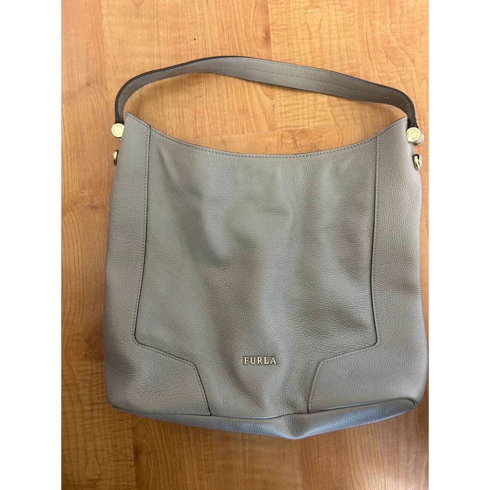 Furla Taupe Pebbled Leather Hobo Shoulder Bag Gold Hardware Large